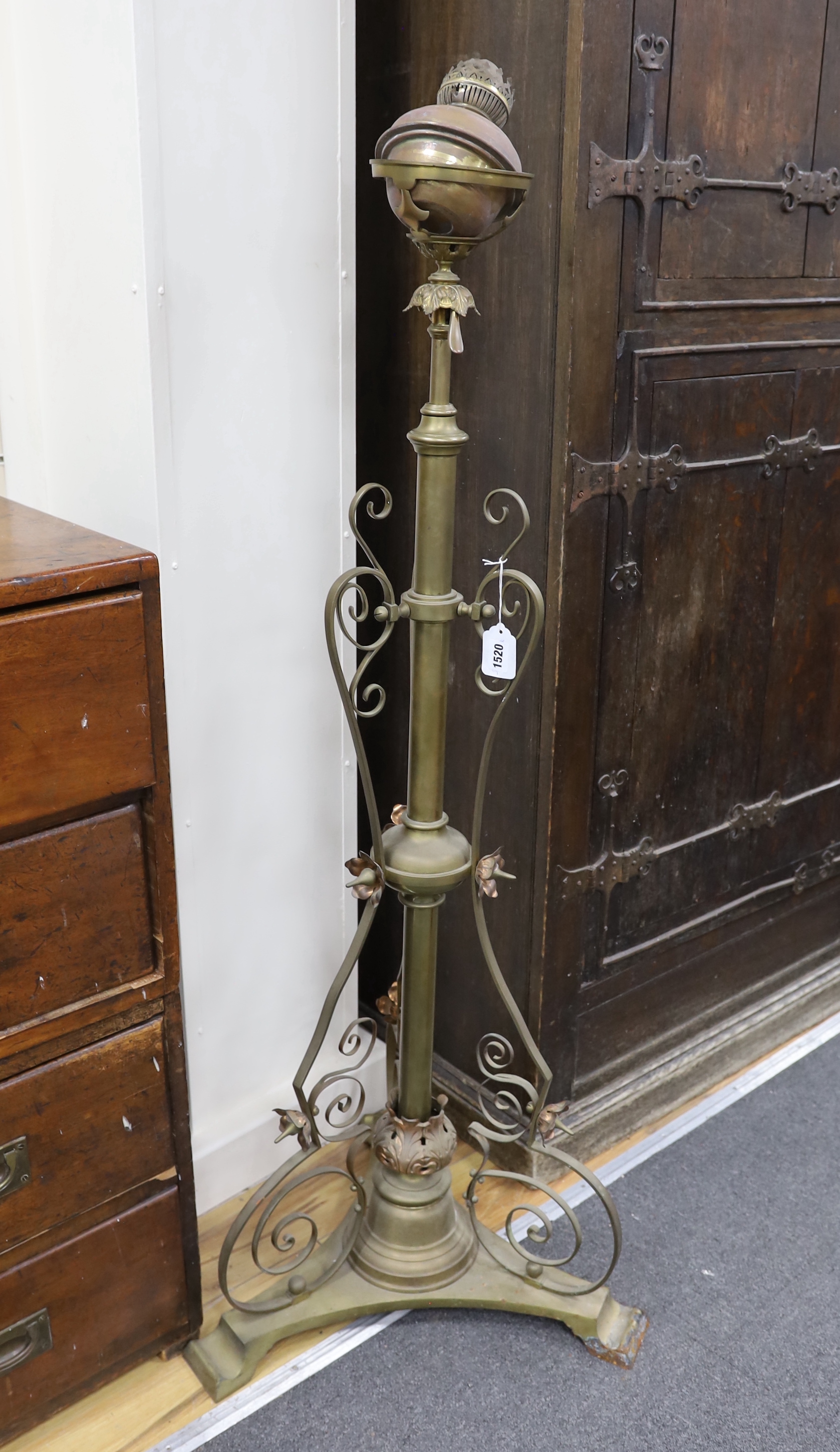 An early 20th century brass and copper ‘Benson’ style floor lamp, approximately 140cm high